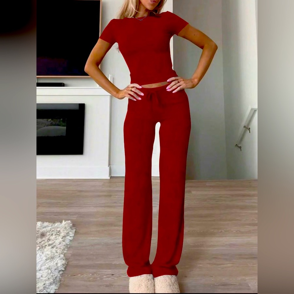 Women’s Solid Short Sleeve 2 Piece Casual Lounge Set Burgundy Red